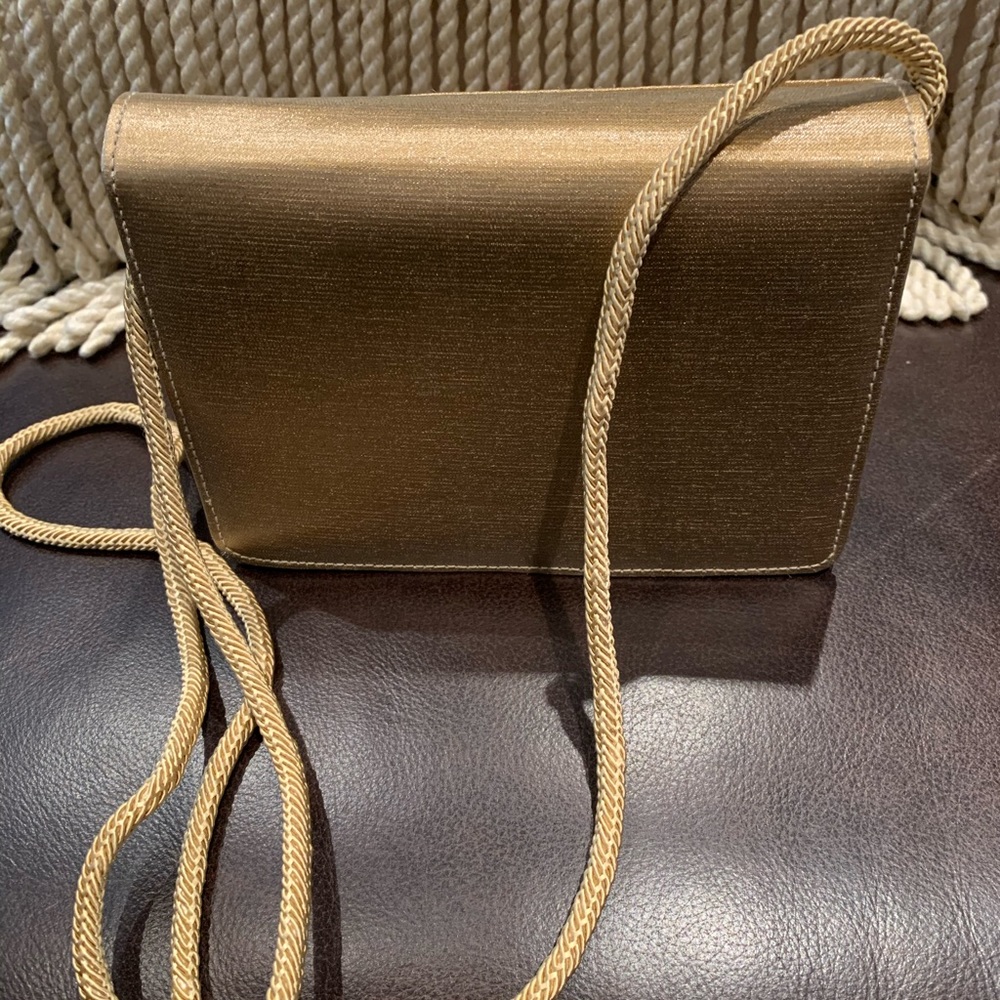 Stuart Weitzman gold satin evening bag